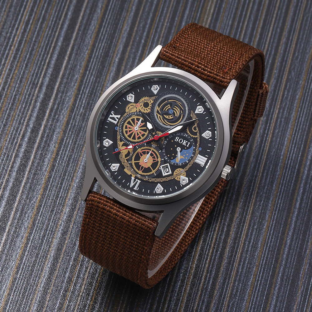 Menu0027s Leisure Watch bracelet set retro style Woven Nylon Strap Calendar Sports Quartz Watch