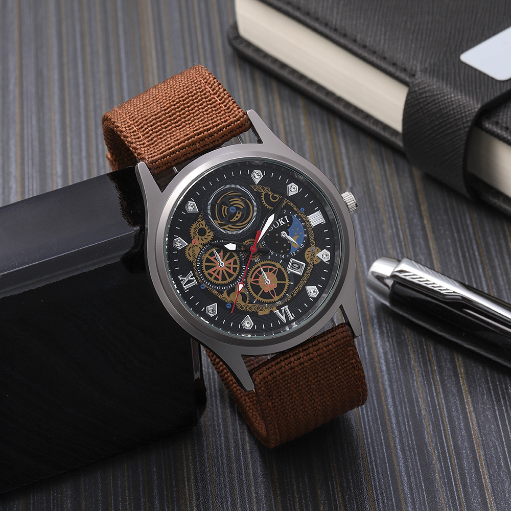 Menu0027s Leisure Watch bracelet set retro style Woven Nylon Strap Calendar Sports Quartz Watch