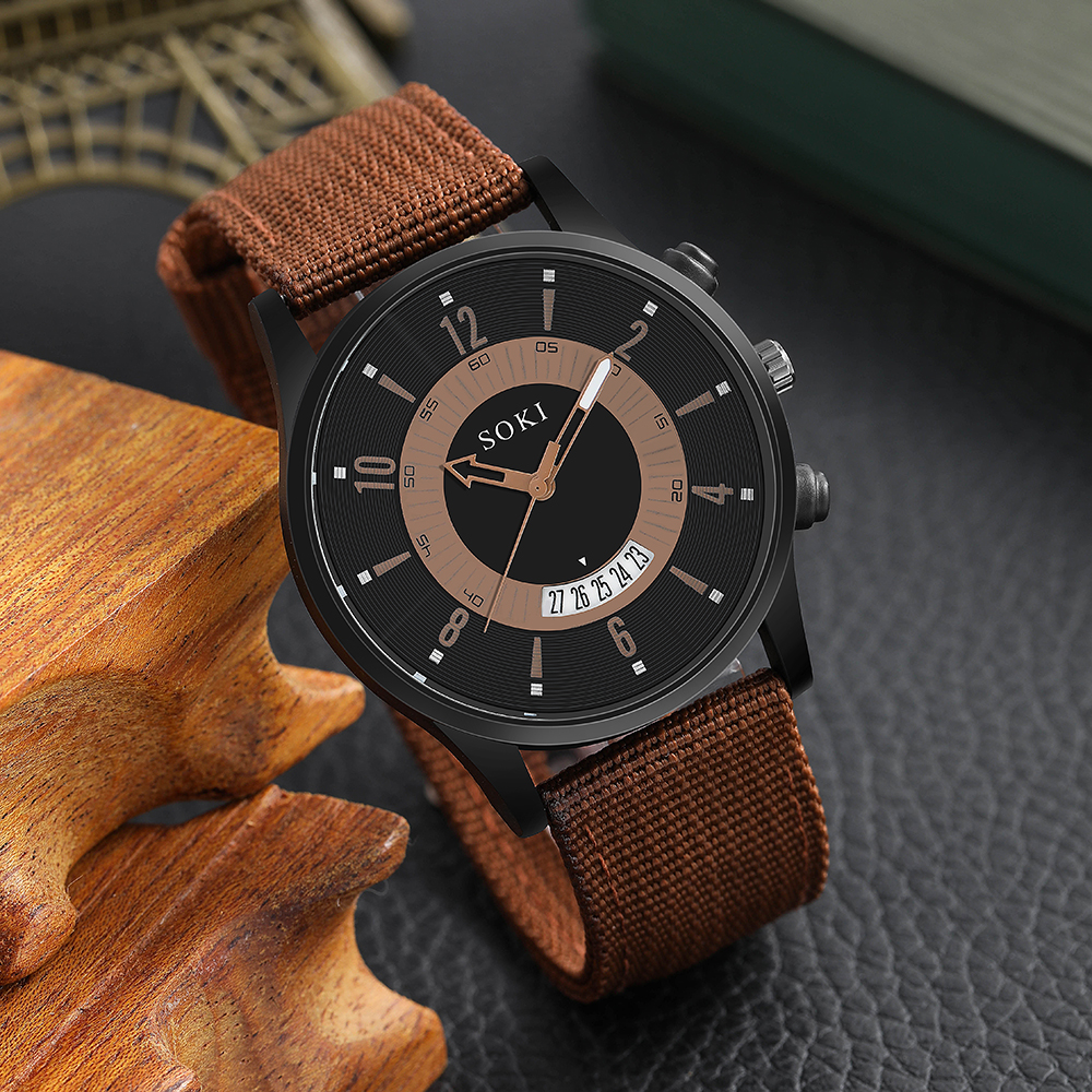 Menu0027s Casual Watch retro style Woven Nylon Strap Calendar Sports Quartz Watch