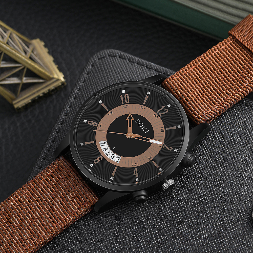 Menu0027s Casual Watch retro style Woven Nylon Strap Calendar Sports Quartz Watch