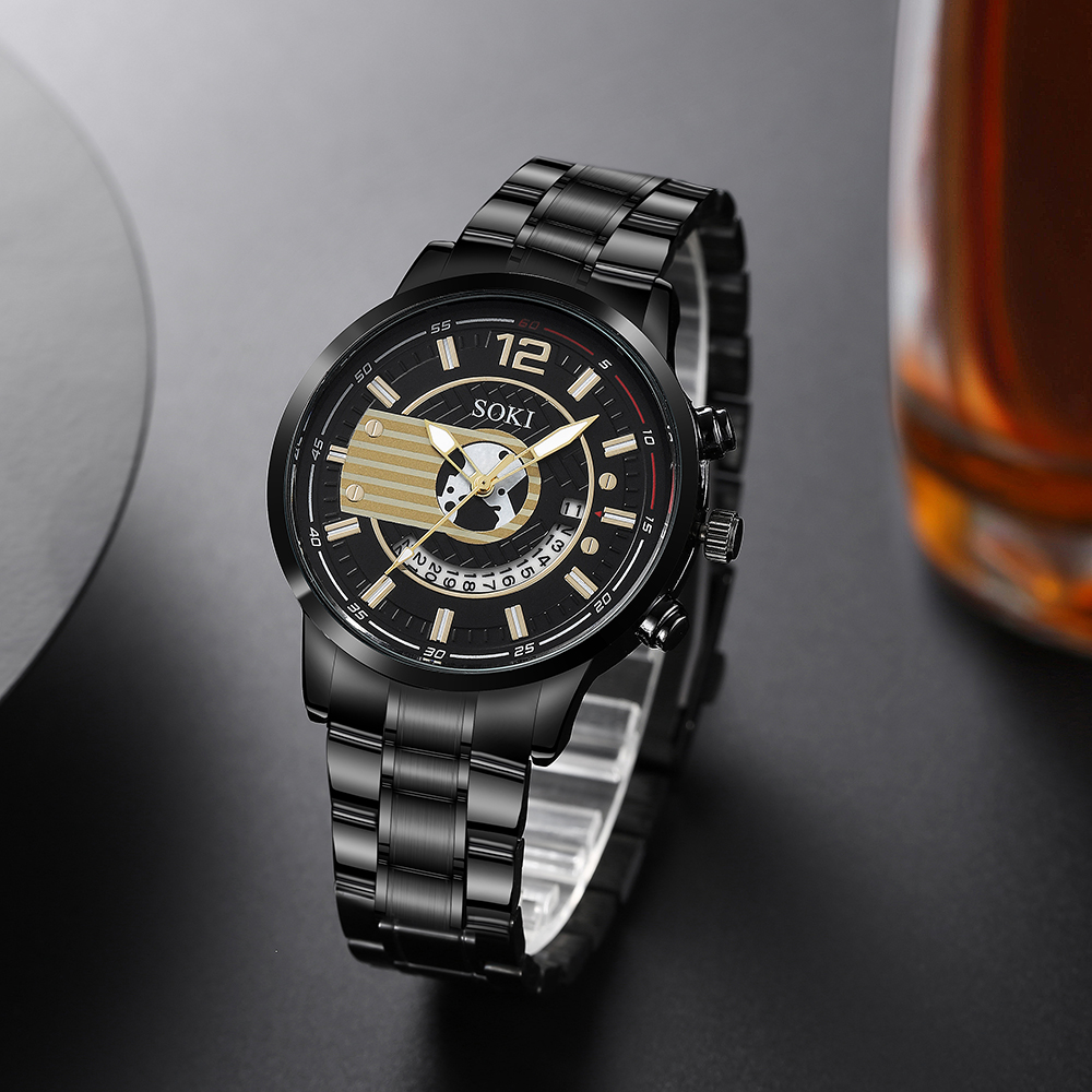 simple black silvery stainless Steel strap Menu0027s Quartz Watch chain chain wristband