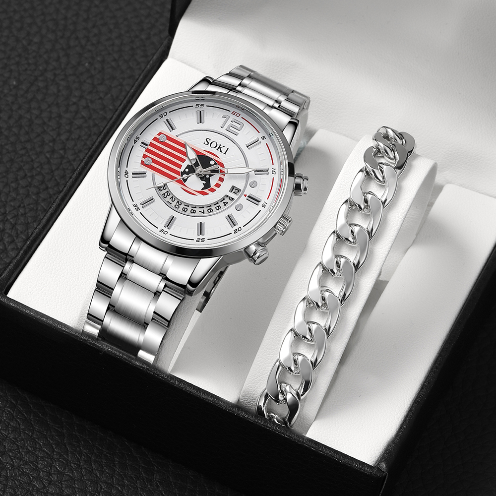 simple black silvery stainless Steel strap Menu0027s Quartz Watch chain chain wristband