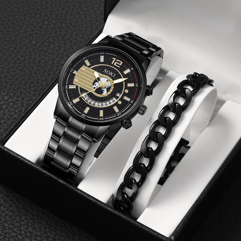 simple black silvery stainless Steel strap Menu0027s Quartz Watch chain chain wristband