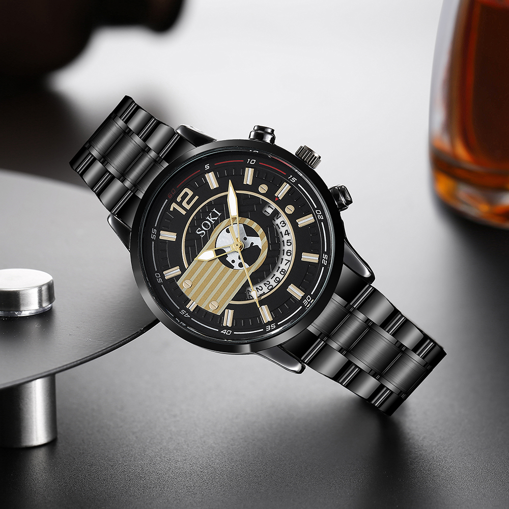 simple black silvery stainless Steel strap Menu0027s Quartz Watch chain chain wristband