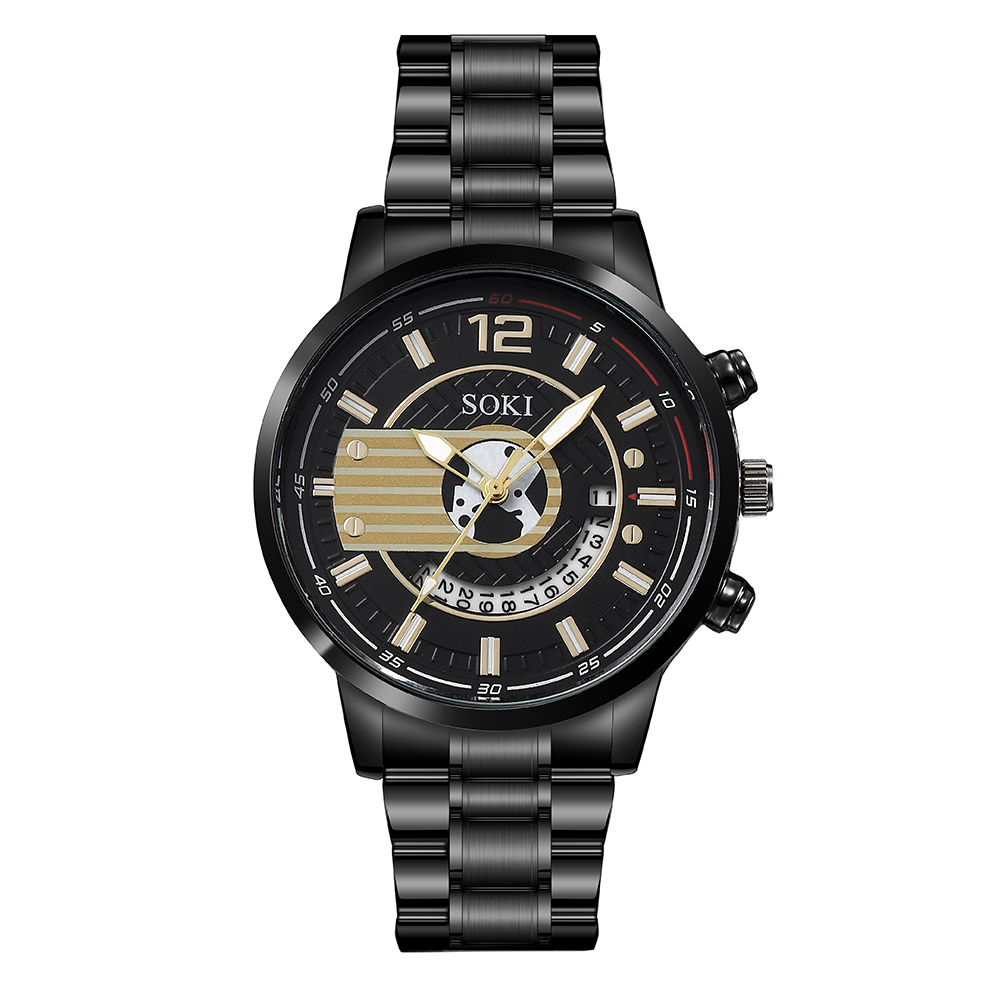 simple black silvery stainless Steel strap Menu0027s Quartz Watch chain chain wristband