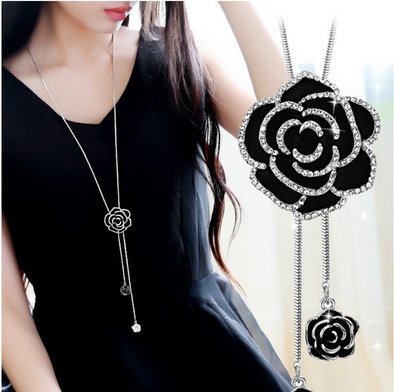 Fashionable Oil Dripping Camellia Flower Shaped Necklace Double-Layer Sweater Chain