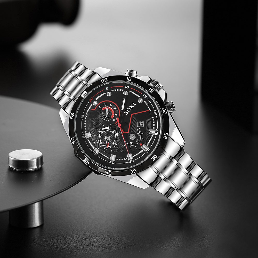 new simple silvery stainless Steel strap Menu0027s Three-Eye Quartz Watch