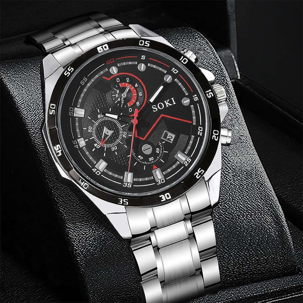 new simple silvery stainless Steel strap Menu0027s Three-Eye Quartz Watch