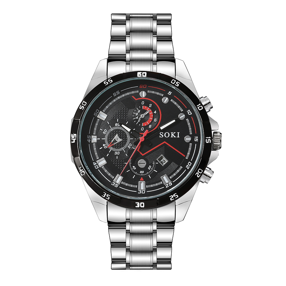 new simple silvery stainless Steel strap Menu0027s Three-Eye Quartz Watch