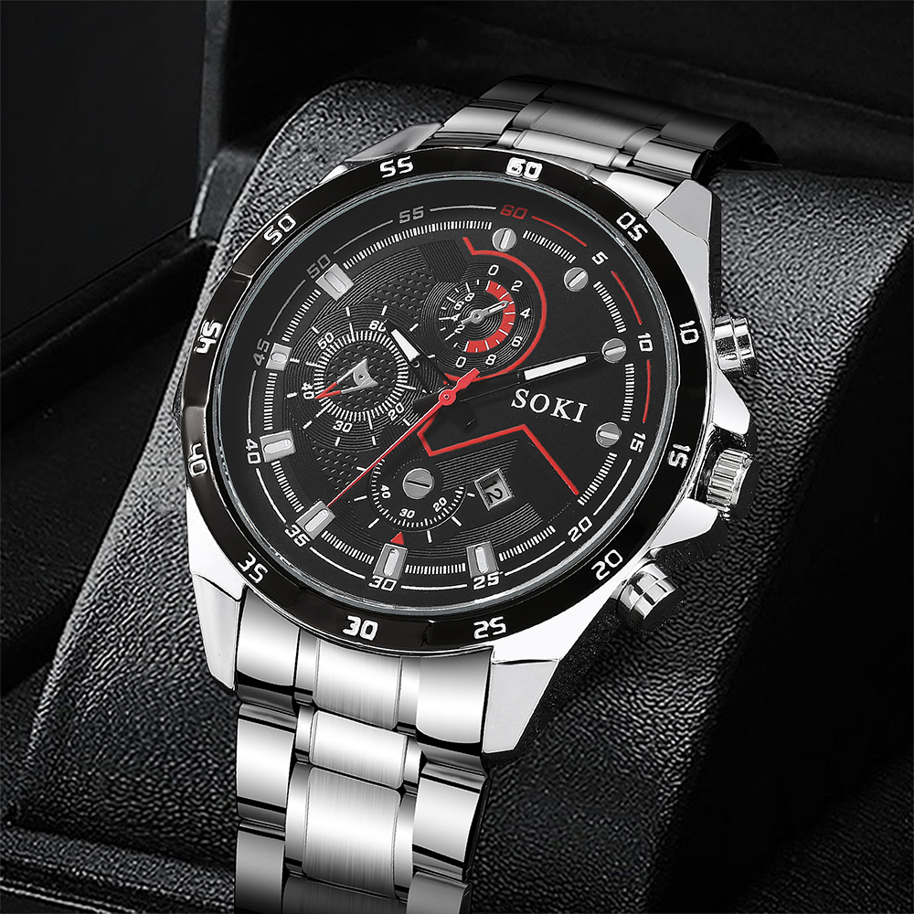 new simple silvery stainless Steel strap Menu0027s Three-Eye Quartz Watch