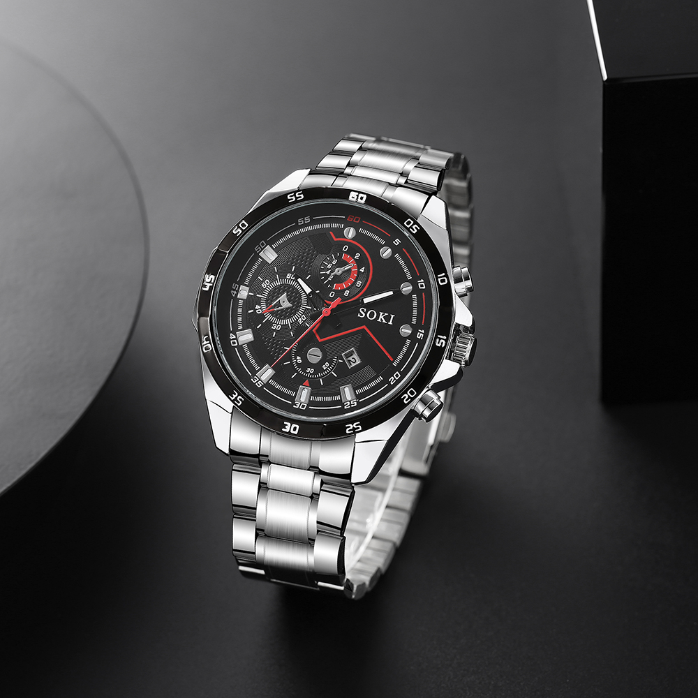 new simple silvery stainless Steel strap Menu0027s Three-Eye Quartz Watch