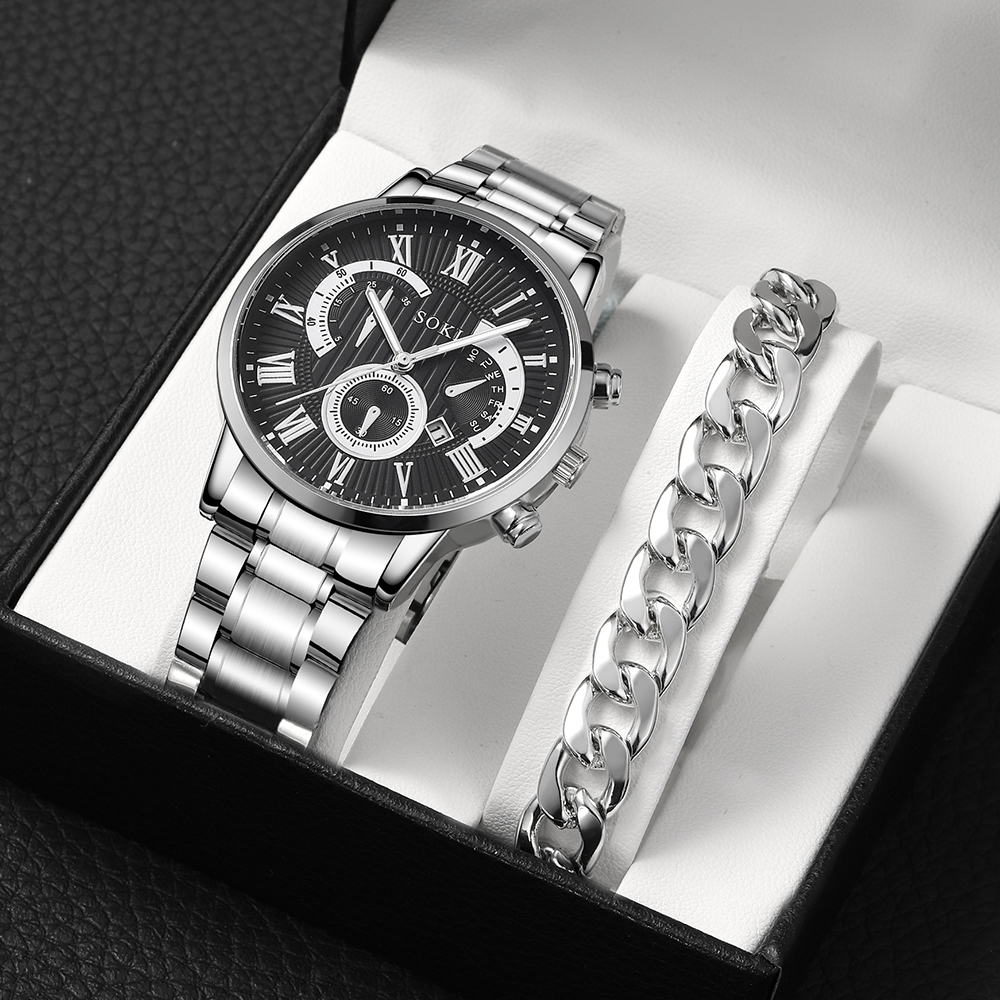 Menu0027s Suit Business Fashion Outdoor Roman Surface Steel Belt Quartz Watch chain bracelet set
