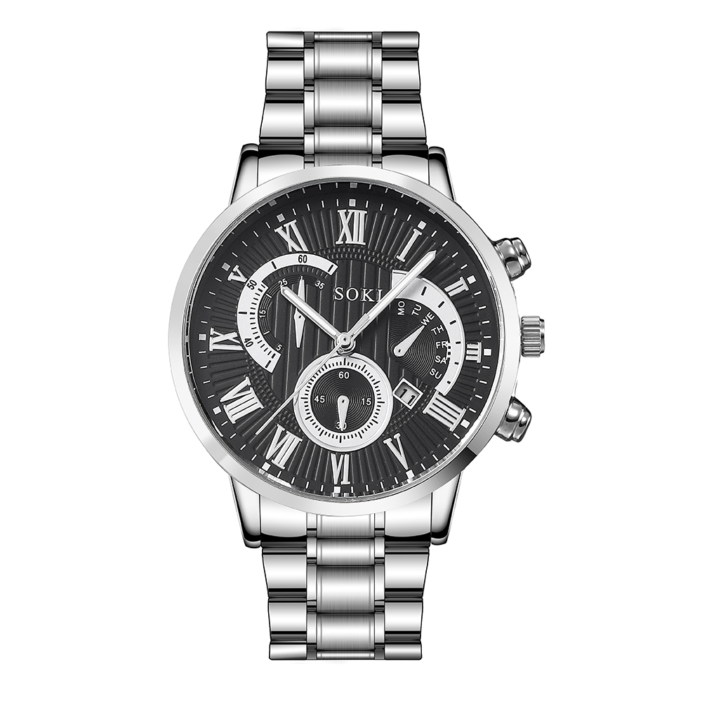 Menu0027s Suit Business Fashion Outdoor Roman Surface Steel Belt Quartz Watch chain bracelet set