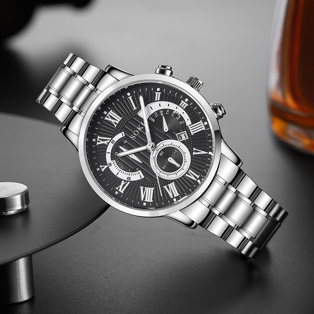 Menu0027s Suit Business Fashion Outdoor Roman Surface Steel Belt Quartz Watch chain bracelet set