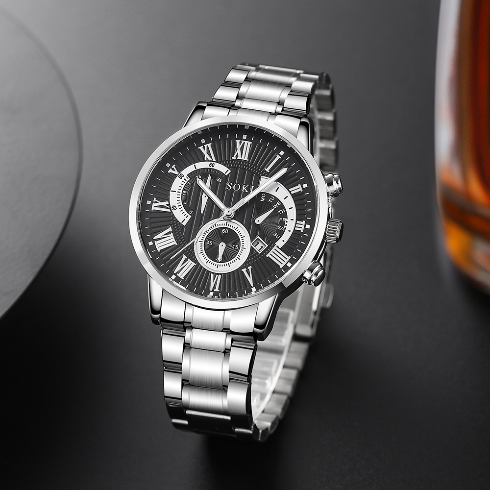 Menu0027s Suit Business Fashion Outdoor Roman Surface Steel Belt Quartz Watch chain bracelet set