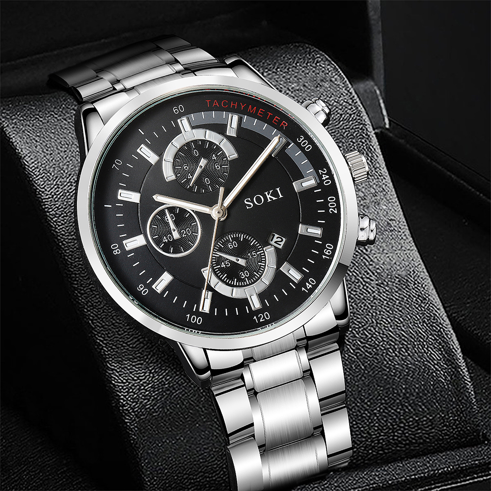 fashion casual style silvery stainless Steel strap Menu0027s Quartz Watch