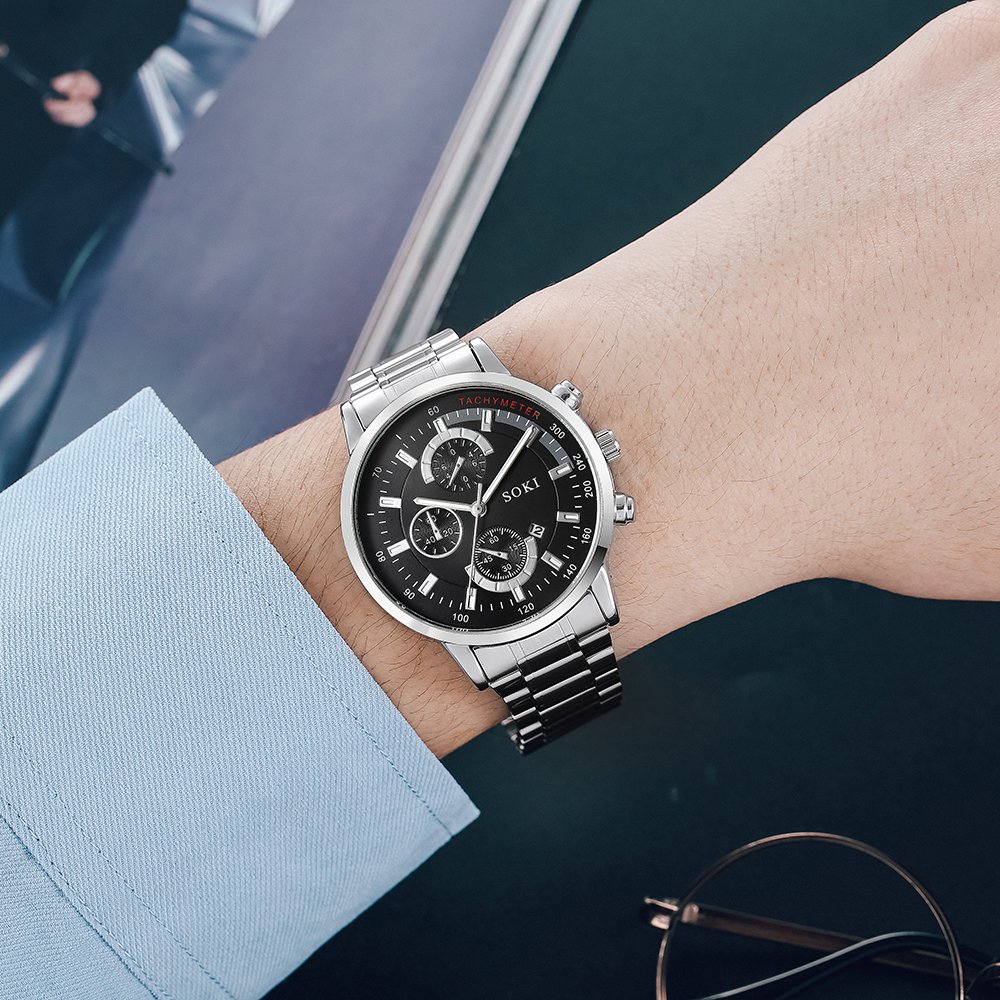 fashion casual style silvery stainless Steel strap Menu0027s Quartz Watch