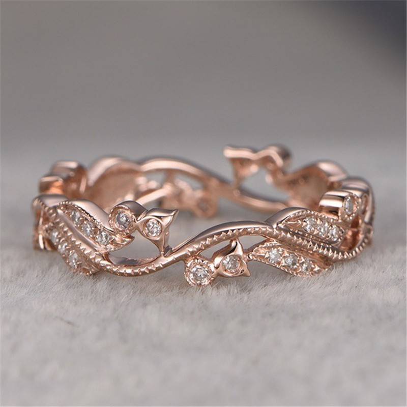 Fashion Lucky Flower Vine Leaves Shaped Inlay  Rhinestone-Studded Ring Plated 14K Rose Gold