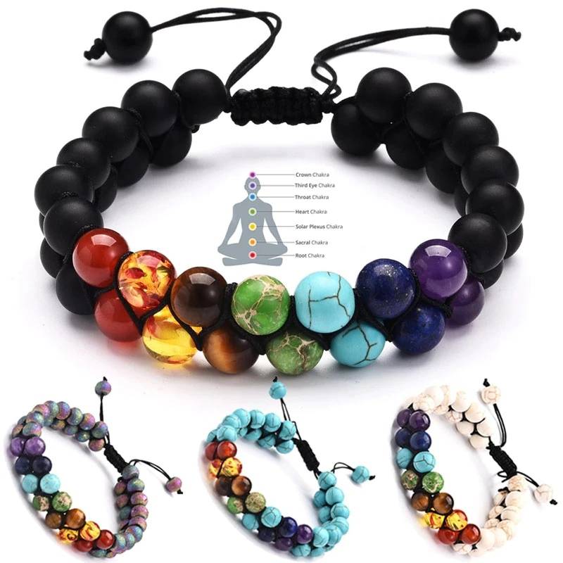 Fashion Volcanic Rock Turquoise Frosted Agate Colorful Stone Adjustable Double Woven Bracelet