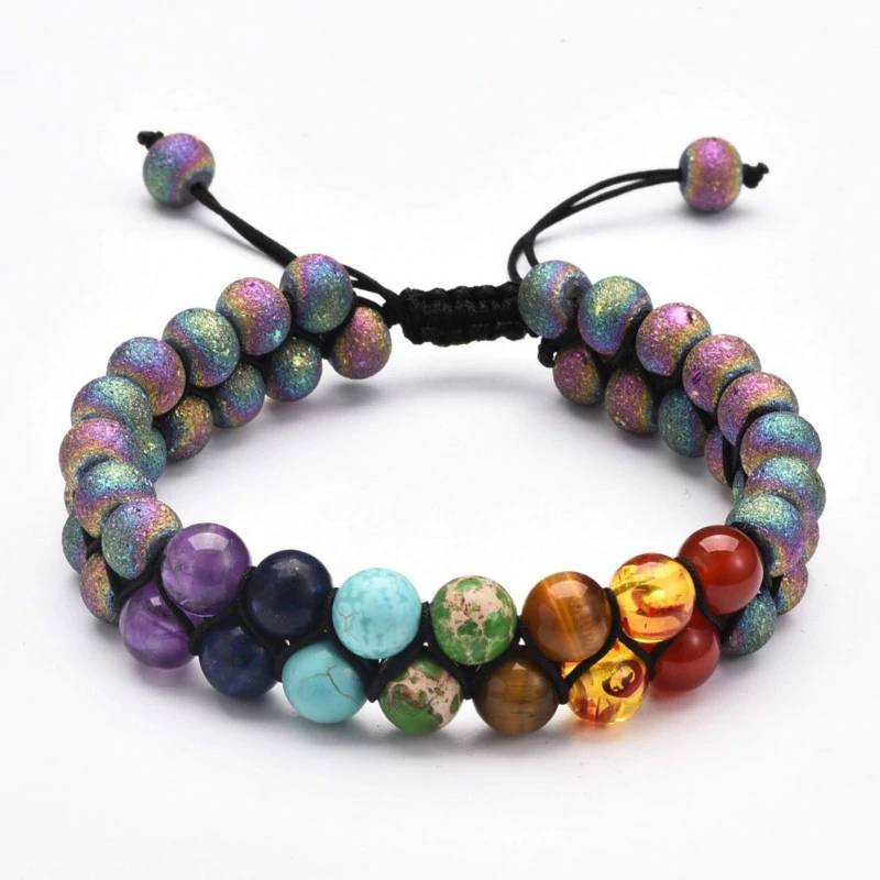 Fashion Volcanic Rock Turquoise Frosted Agate Colorful Stone Adjustable Double Woven Bracelet