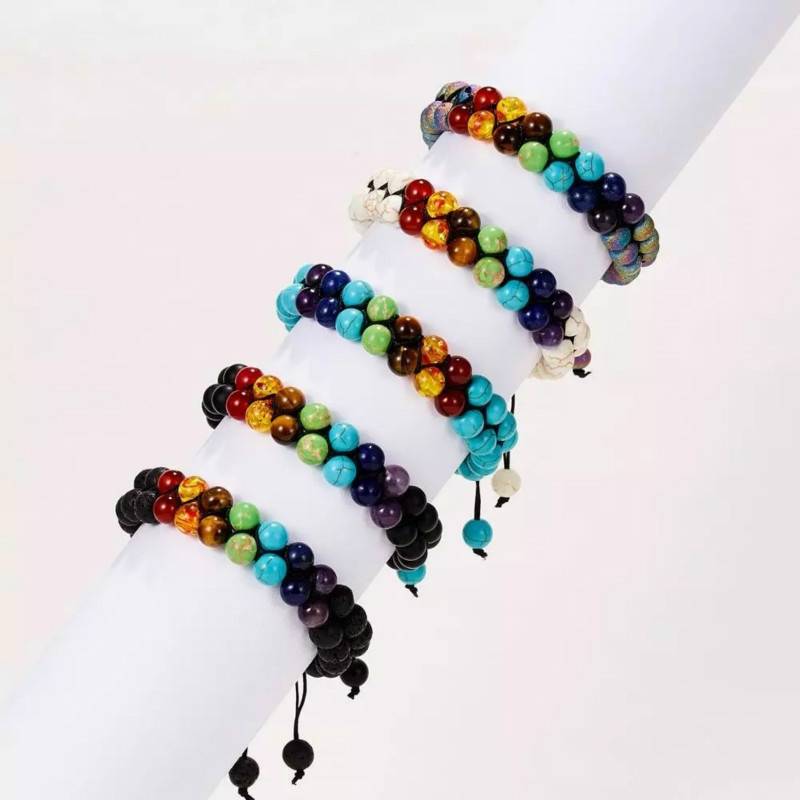 Fashion Volcanic Rock Turquoise Frosted Agate Colorful Stone Adjustable Double Woven Bracelet