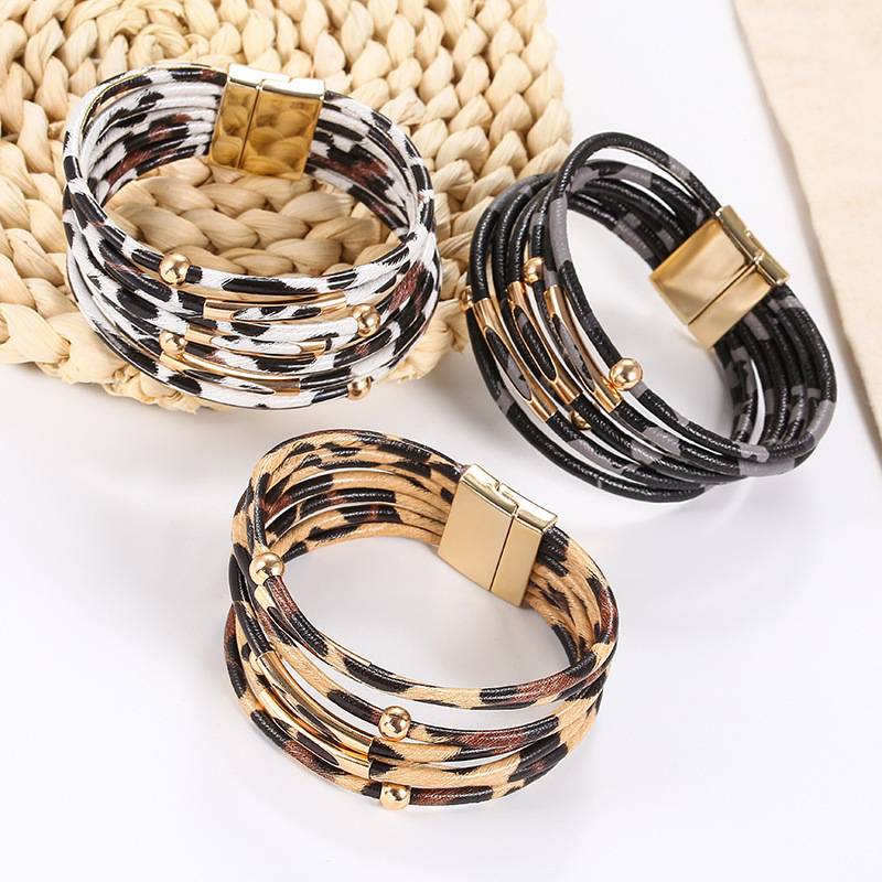 Fashion Alloy Leopard Print Magnetic Buckle Leather Bracelet String Beads Leather Rope