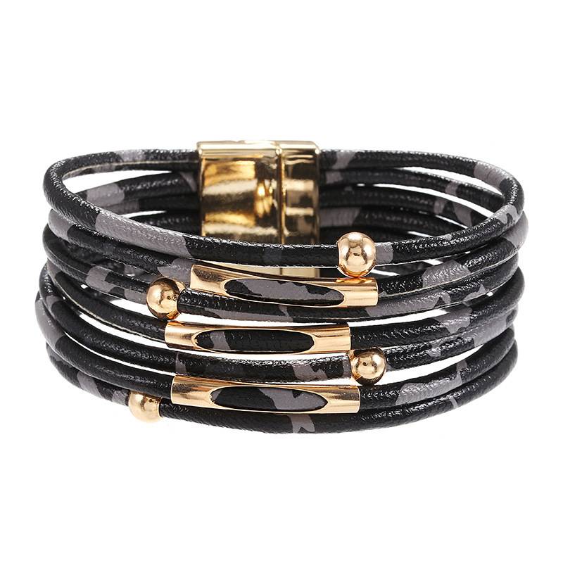 Fashion Alloy Leopard Print Magnetic Buckle Leather Bracelet String Beads Leather Rope