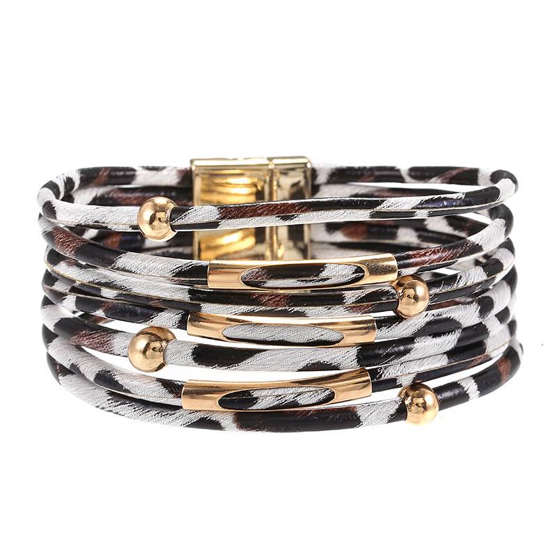 Fashion Alloy Leopard Print Magnetic Buckle Leather Bracelet String Beads Leather Rope