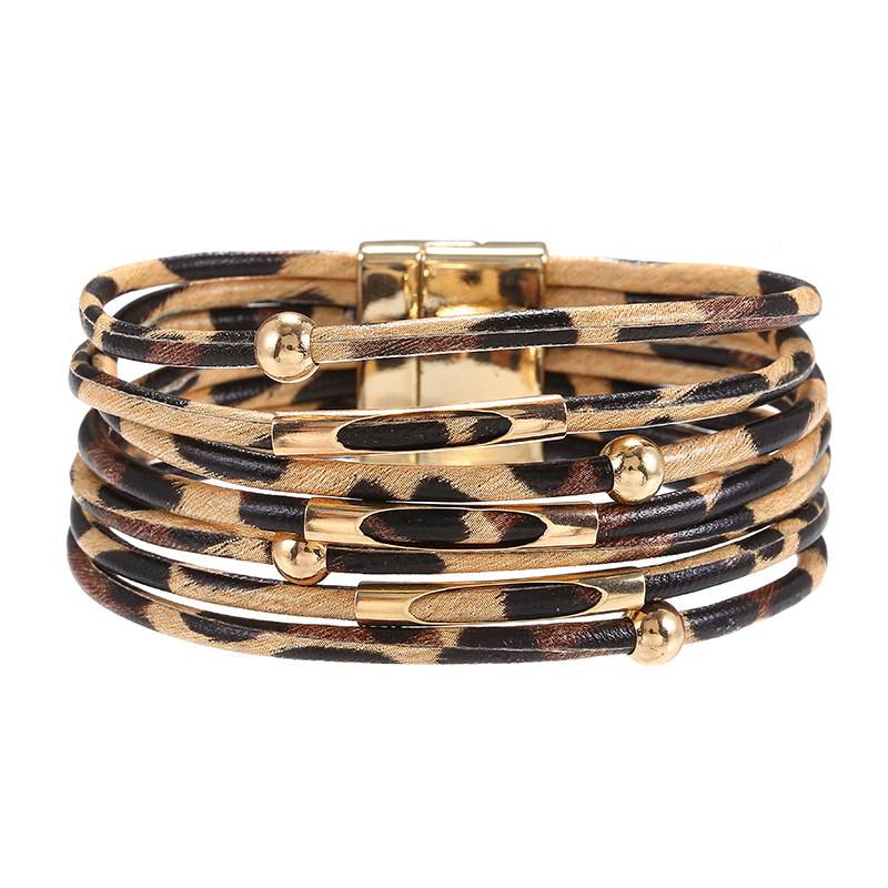 Fashion Alloy Leopard Print Magnetic Buckle Leather Bracelet String Beads Leather Rope