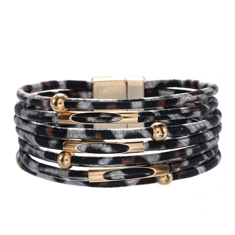 Fashion Alloy Leopard Print Magnetic Buckle Leather Bracelet String Beads Leather Rope