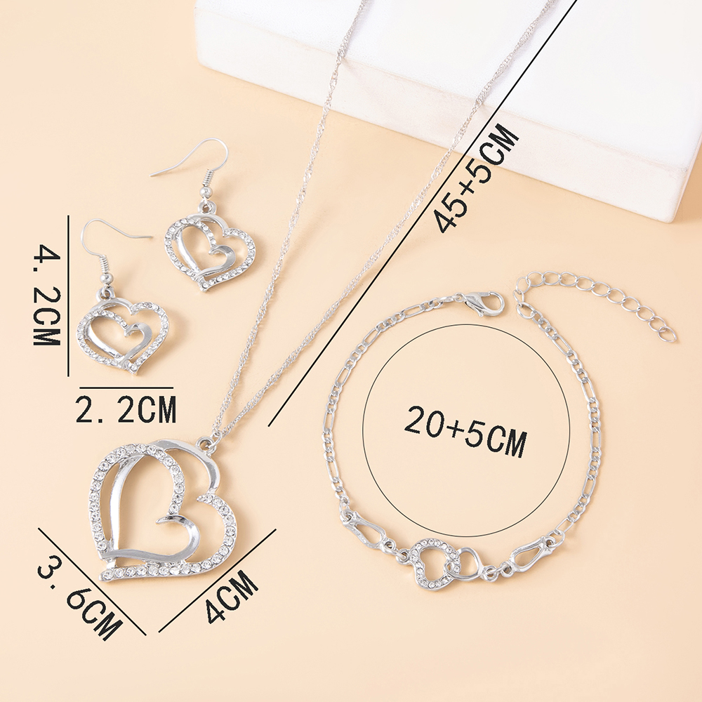 Fashion Double Heart-shaped Earrings Necklace Bracelet Set Diamond Wedding Accessories