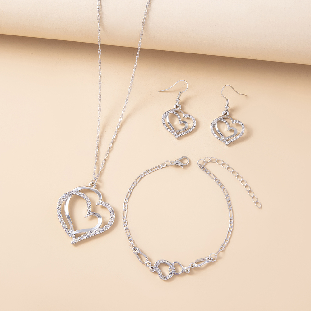 Fashion Double Heart-shaped Earrings Necklace Bracelet Set Diamond Wedding Accessories