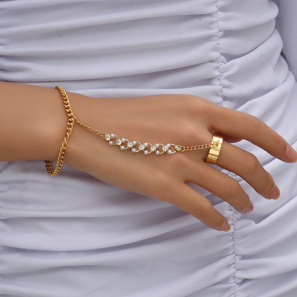 Fashion Retro Finger Pearl Rhinestone Chain Bracelet Womenu0027s Jewelry