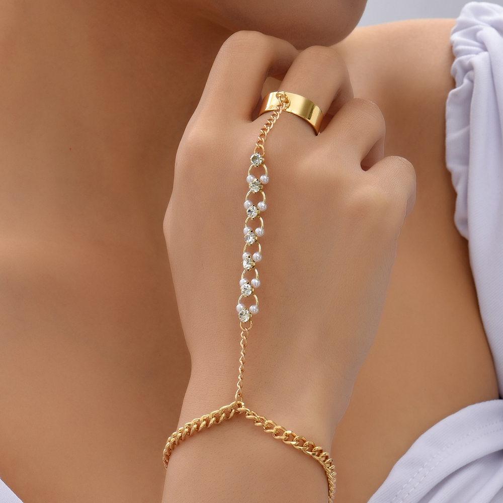 Fashion Retro Finger Pearl Rhinestone Chain Bracelet Womenu0027s Jewelry