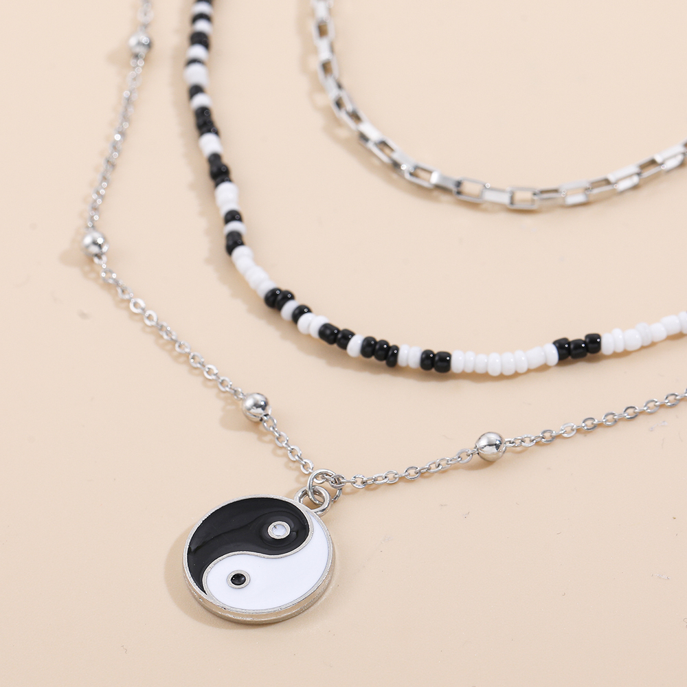 Fashion Taiji Yin Yang Fish Glass Beaded Pendant Multi-Layer Clavicle Chain Necklace