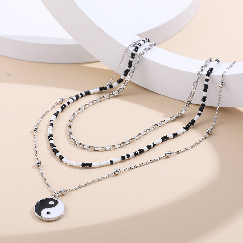 Fashion Taiji Yin Yang Fish Glass Beaded Pendant Multi-Layer Clavicle Chain Necklace