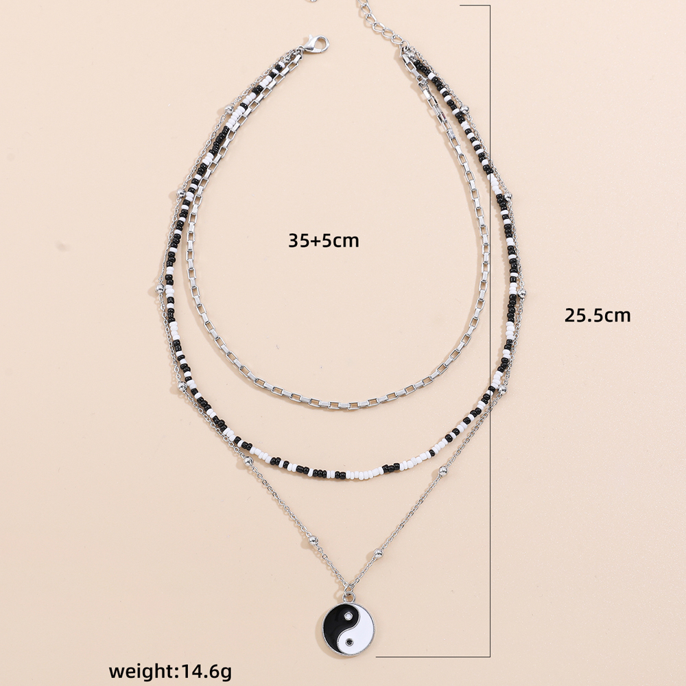 Fashion Taiji Yin Yang Fish Glass Beaded Pendant Multi-Layer Clavicle Chain Necklace