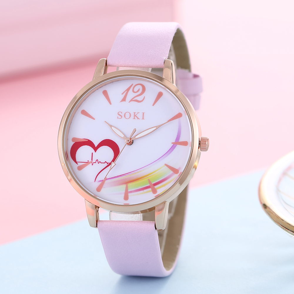 trendy simple heart pattern pink PU leather Strap alloy woman’s Quartz Watch