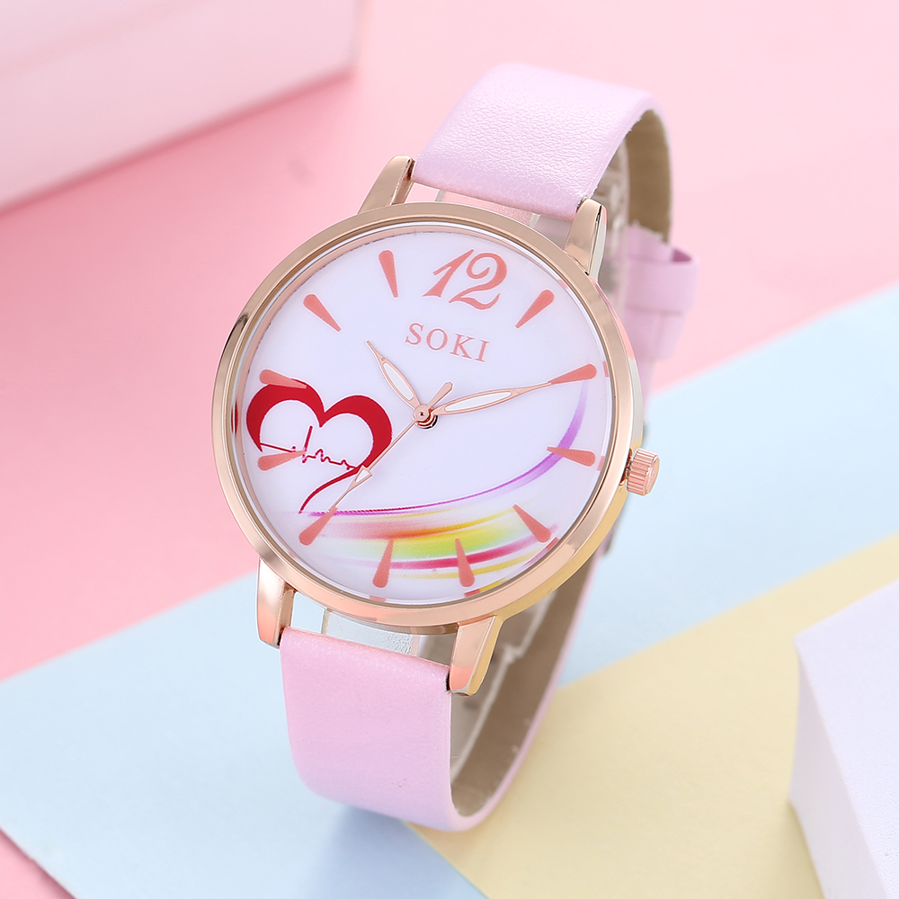 trendy simple heart pattern pink PU leather Strap alloy woman’s Quartz Watch