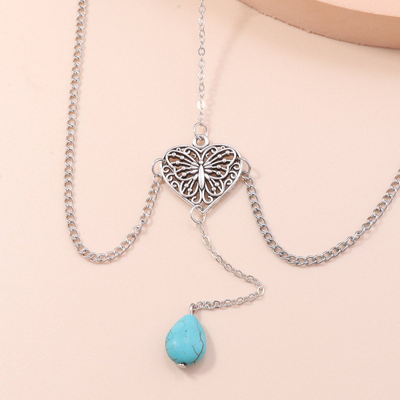 fashion Hollow Heart Butterfly Pendant Turquoise pendant leg chain