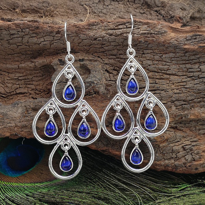 Creative Peacock Blue Moonstone Drop-Shaped hollow pendant Earrings