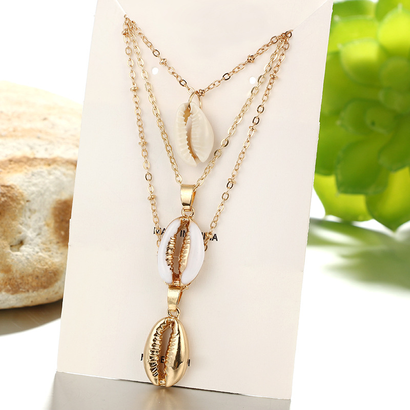 New Accessories Geometric Shell Conch Pendant Three-Layer Alloy Necklace