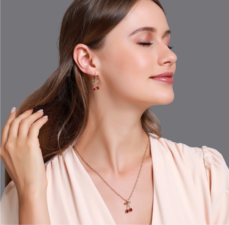 Simple Cute Fruit Gem Cherry Shaped Inlay Diamond Set Necklace Earrings