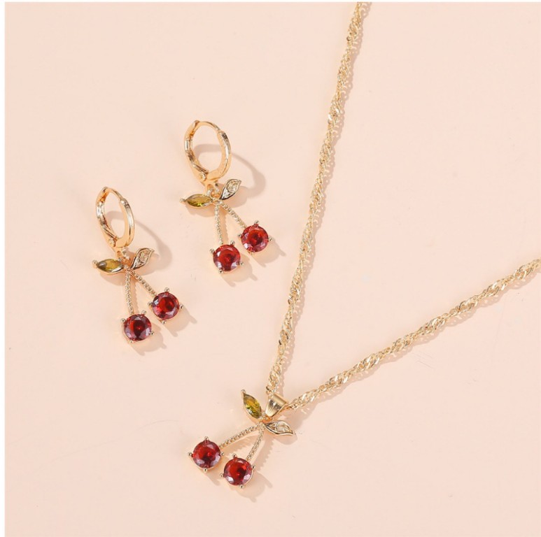 Simple Cute Fruit Gem Cherry Shaped Inlay Diamond Set Necklace Earrings