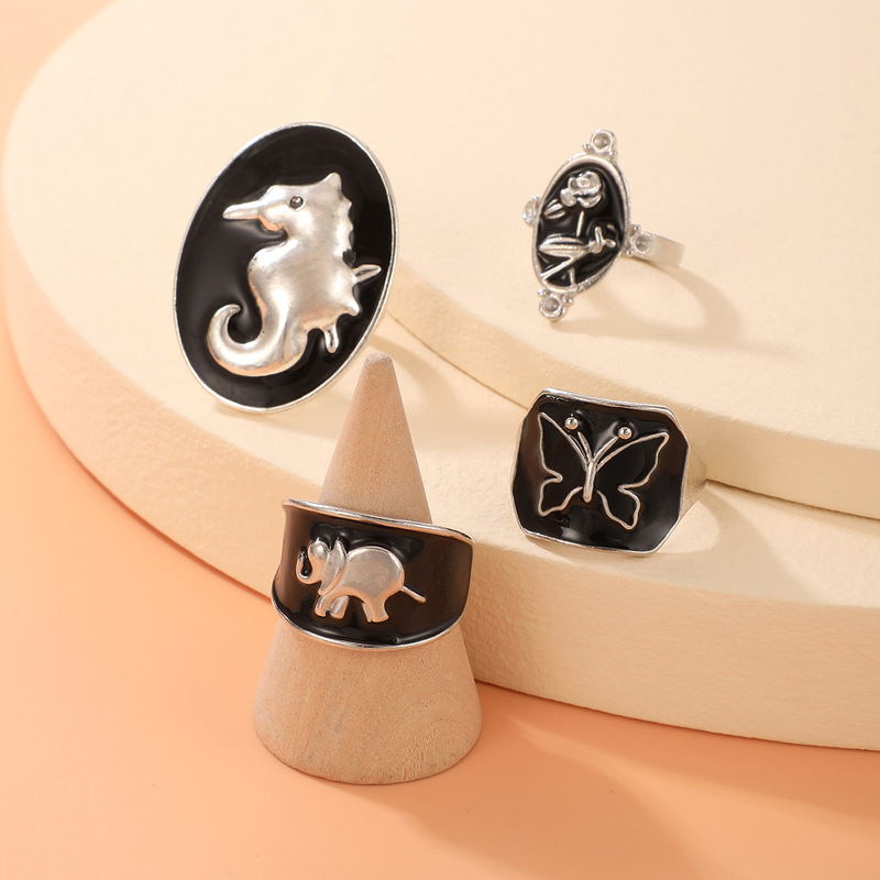 Fashion Ornament Black Dripping Oil Seahorse Elephant Four-Piece Ring