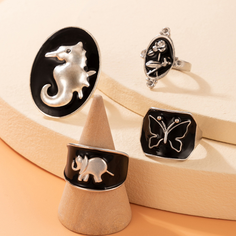 Fashion Ornament Black Dripping Oil Seahorse Elephant Four-Piece Ring