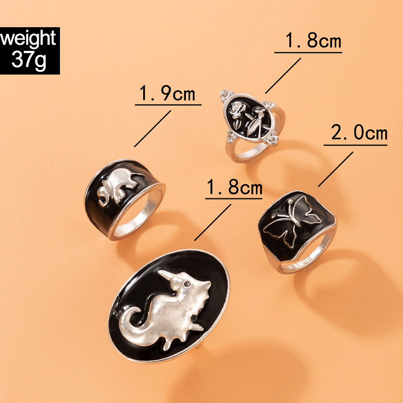 Fashion Ornament Black Dripping Oil Seahorse Elephant Four-Piece Ring