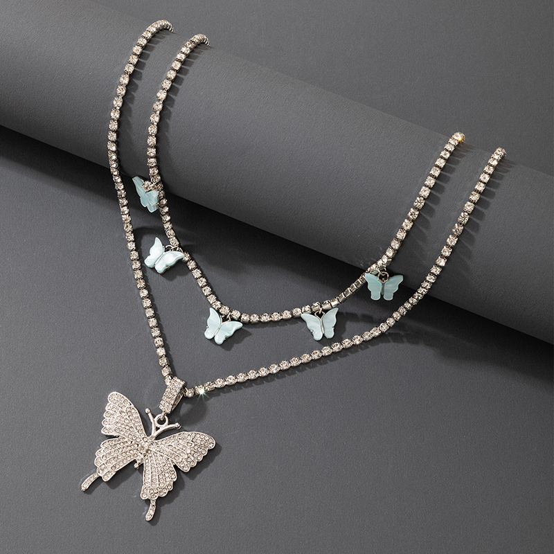 Fashion New Alloy Double-Layer Butterfly Pendant Rhinestone Necklace