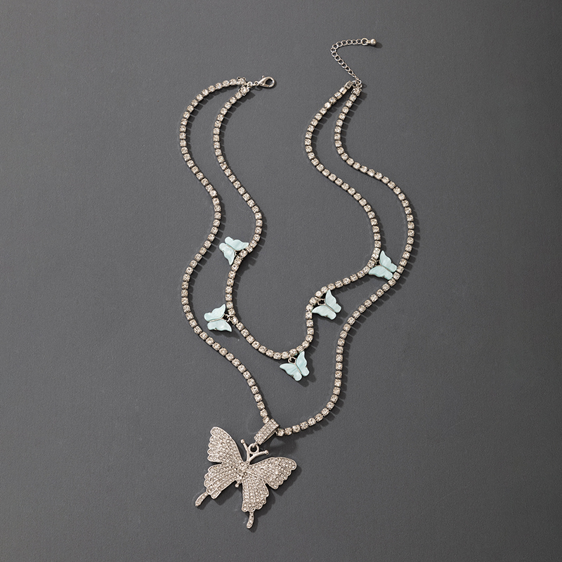 Fashion New Alloy Double-Layer Butterfly Pendant Rhinestone Necklace