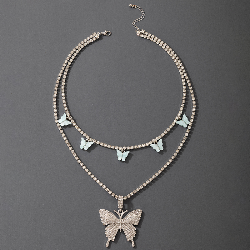 Fashion New Alloy Double-Layer Butterfly Pendant Rhinestone Necklace